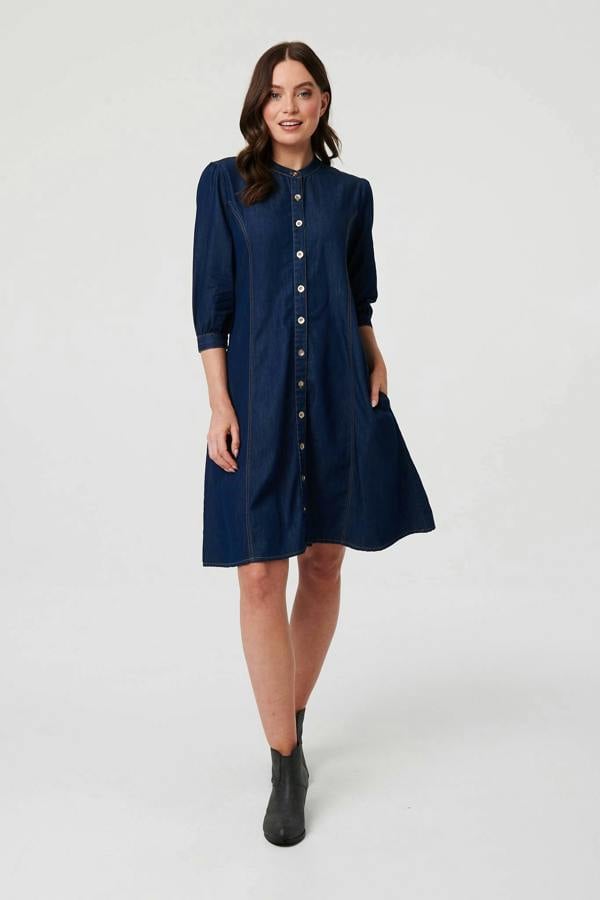 Blue | Collarless Knee Length Shirt Dress