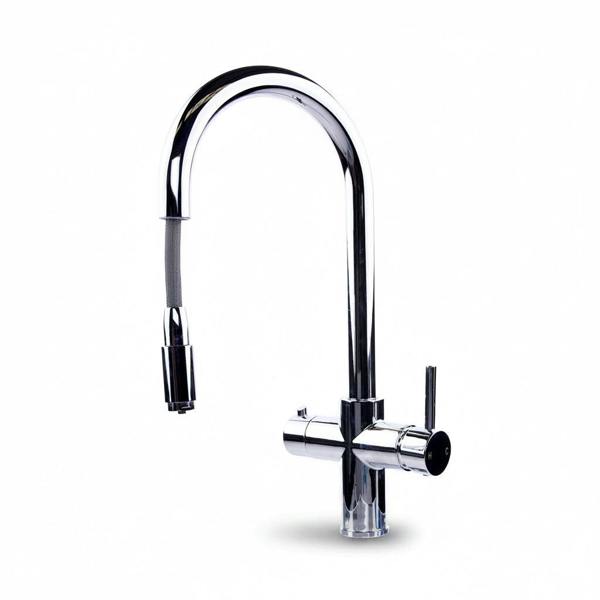 A modern round neck pull out chrome boiling water tap on a white background
