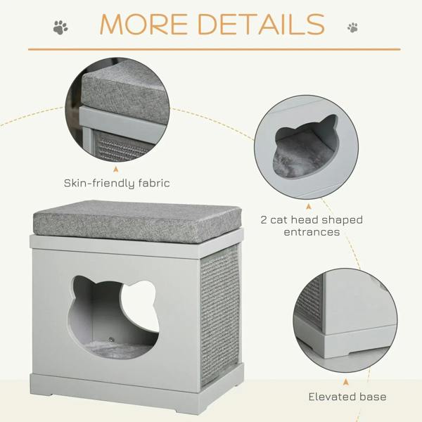 Grey cushioned cat house cube with cat-shaped doorway, textured side panels, raised base
