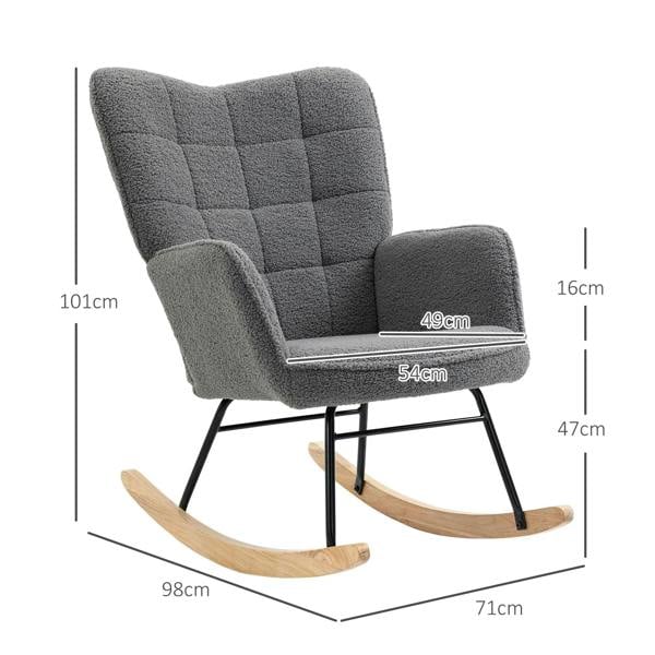 Dark grey Berber fleece wingback rocking chair with visible size markers and base