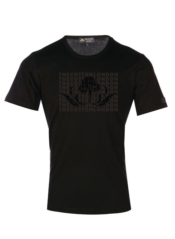 The Cotton London's logo embossed on a Black T-shirt.