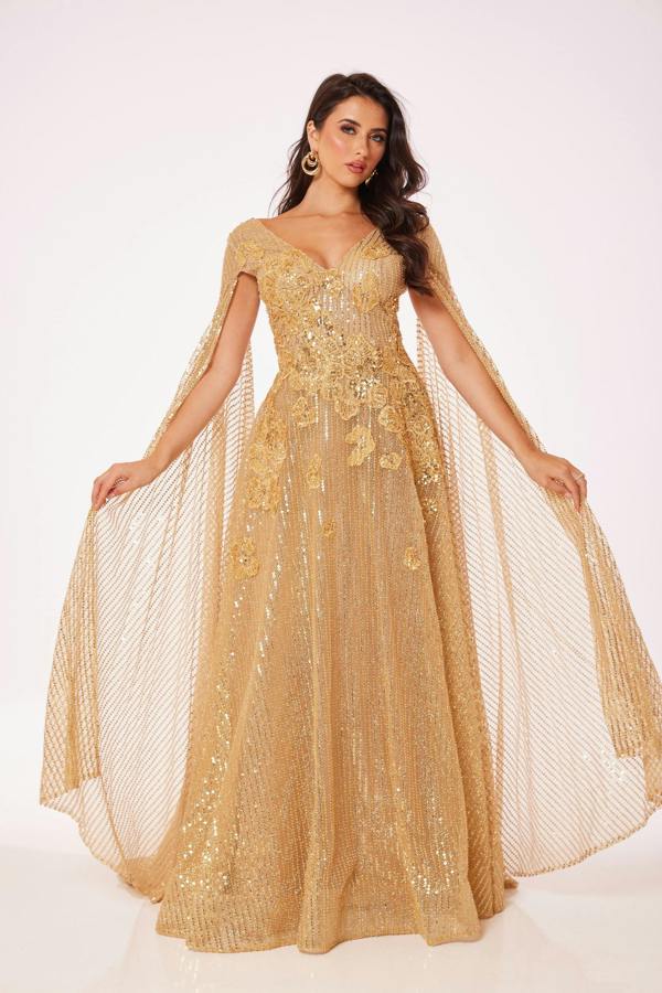 LuvForever Gold Drape Sleeve Maxi Dress