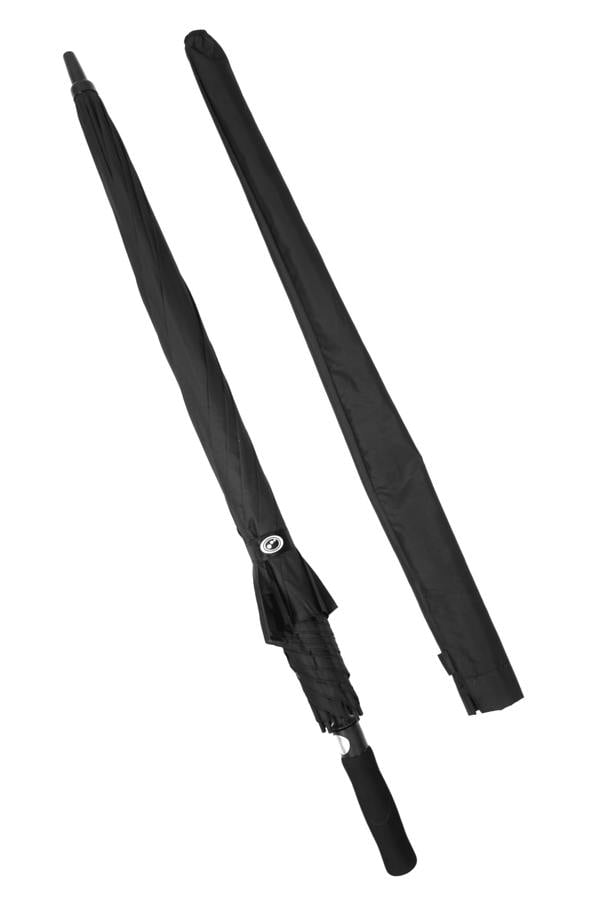Closed black Optimum umbrella with logo tab beside matching black carry sleeve, on white - Optimum