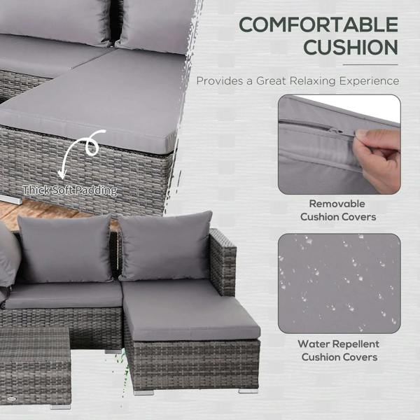 Grey outdoor rattan sofa with thick seat cushions and padded backrest