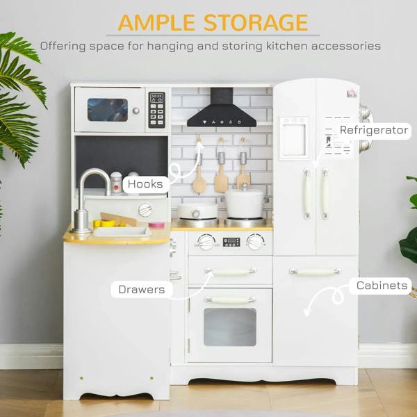 White kids play kitchen with hooks, drawers, stovetop, microwave, and refrigerator