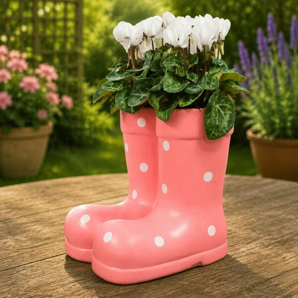 Pink Polka Dot Wellies Planter with Dianthus - Ceramic Garden Decor - White Cyclamen