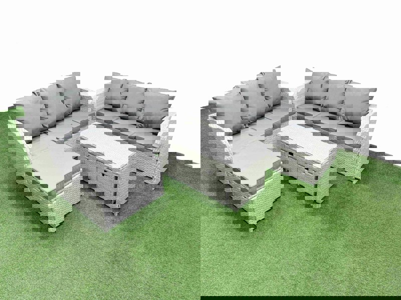 Fimous Outdoor Garden Furniture Sets 9 Seater Wicker Rattan Furniture Sofa Sets with Oblong Coffee Table high Back Lounge Sofa 3 Stools Light Grey