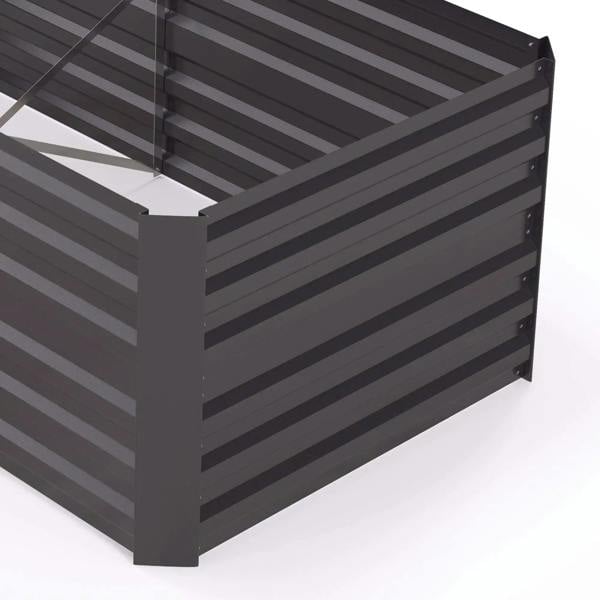 Dark grey raised garden bed planter corner with sturdy posts and slatted side walls
