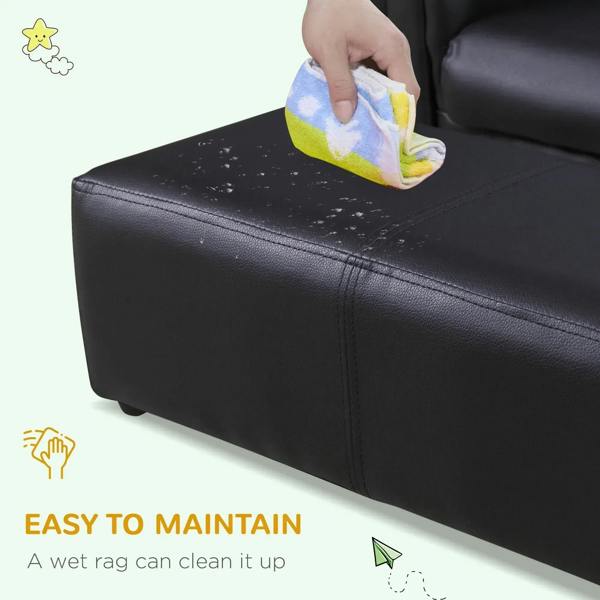 Black ottoman footstool with wipe-clean surface, hand holding a cloth