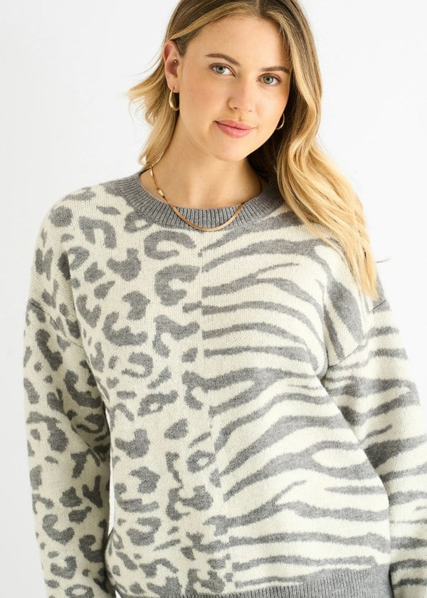 Gini London Grey Contrast Zebra Animal Knit Jumper