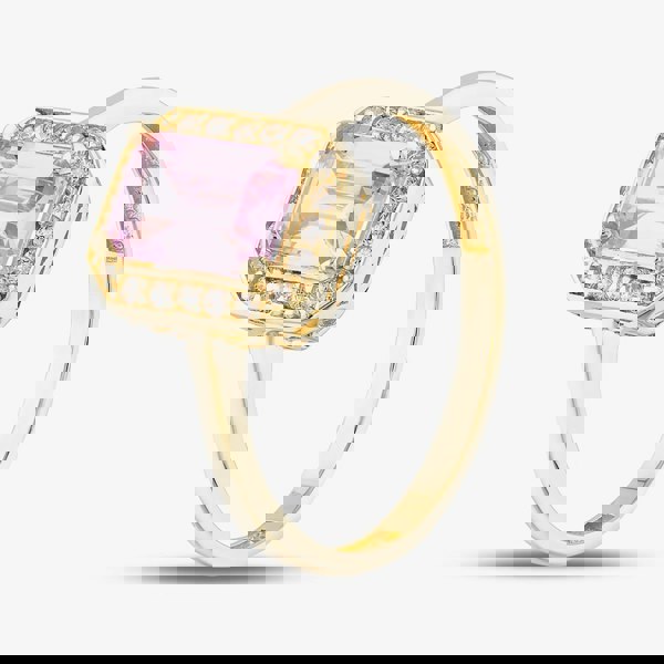 T. H. Baker 9ct Yellow Gold Pink Emerald Cut Cubic Zirconia Halo Ring RBE047PNK