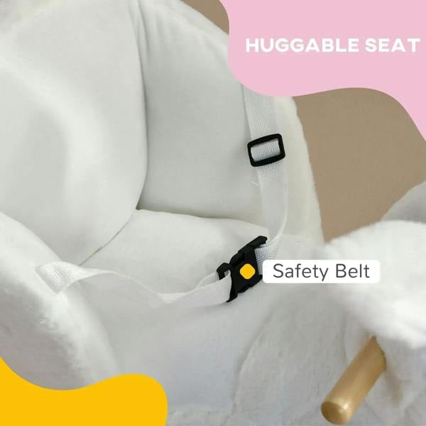 Plush white rocking horse seat with attached safety belt strap