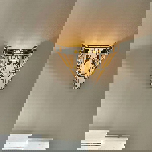 Art Deco Tiffany Glass Wall Light - Matt Black Steel - 40W E14 Golf Bulb Needed Loops