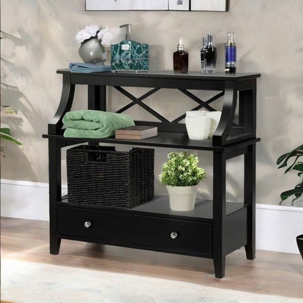 Rafaelo Mobilia Modern 3 Tier Console Table With 2 Drawers And Storage Shelves Black