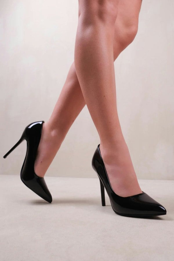 Where's That From Kyra Wide Fit High Heel Stiletto Pumps in Black Patent Faux Leather