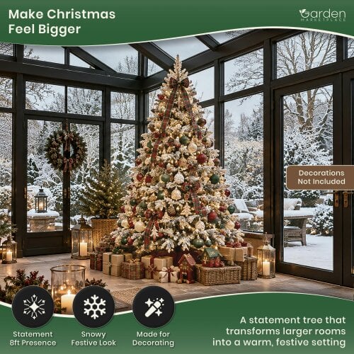 Flocked Woodcote Spruce Christmas Tree 2.4m – Snow Effect Tree with 1296 Tips, Hinged Branches & Metal Stand