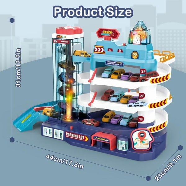 deAO Toys Garage Track Set with Music and Light Effects 3-story Parking Building with Electric Elevator Toys Vehicle Garages