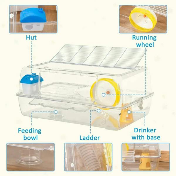 Transparent 2-tier hamster cage with blue water bottle, yellow running wheel, ladder, dish