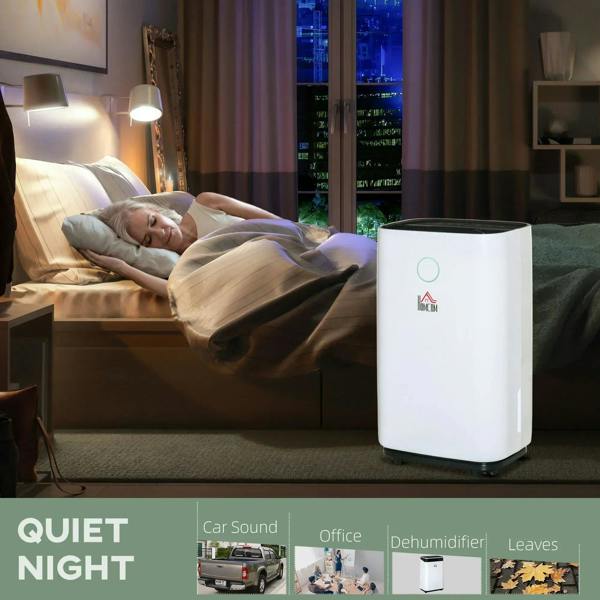 White portable dehumidifier on bedroom floor with quiet night lighting
