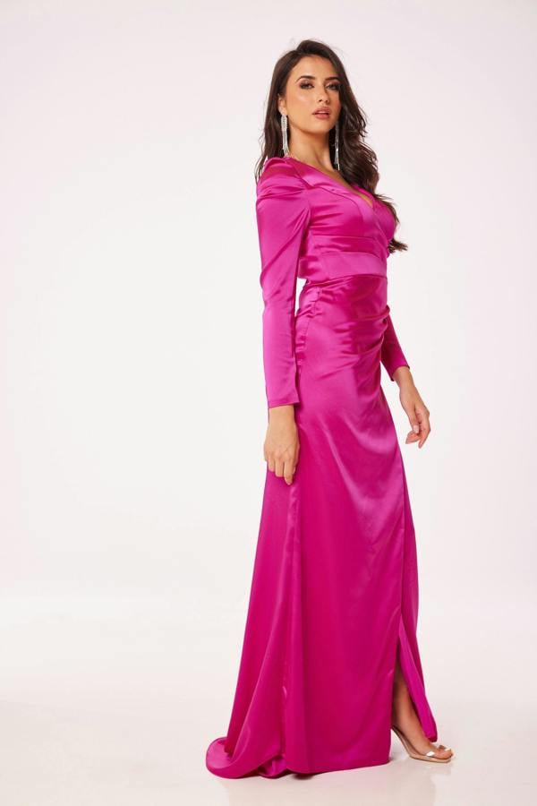 LuvForever Fuschia Long Sleeve Side Slit Maxi Dress