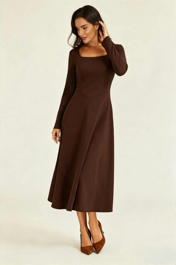 FS Collection Square Neck Long Sleeve Fit & Flare Midi Dress Espresso