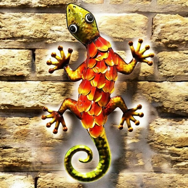 EDH Door Hardware Metallic Orange Gecko Wall Art – 39 x 18 x 3.2 CM | Hand-Painted Metal Lizard
