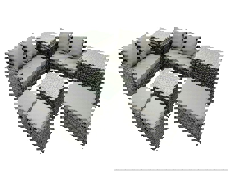 Fimous PE Rattan Garden Furniture Set Lounge Double Seat Sofa Coffee Table Set with 2 Side Tables 3 Stools Dark Grey Mixed