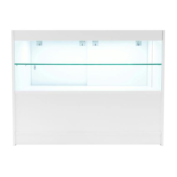 Eclipse LED Shop Counter Set in white features a sleek design with glass shelves and integrated lighting for display purposes
