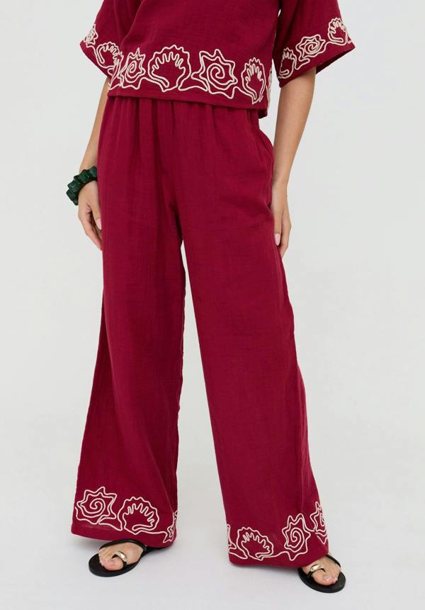 Milly Wide Leg Embroidered Trouser In Berry - image 3