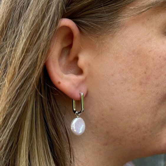 Reeves & Reeves Square Button Pearl Hoop Earrings
