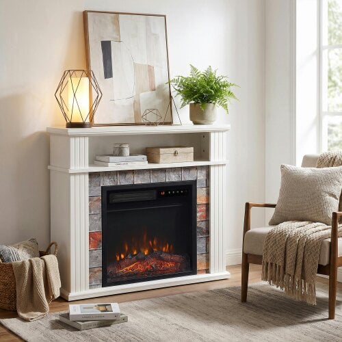 HOMCOM Freestanding Electric Fireplace Suite, 1800W, Open Shelf, LED Flame