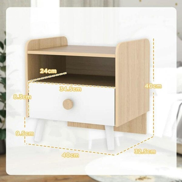 Kids Bedside Table with Drawer and Open Storage Shelf, Wooden Nightstand for Bedroom, Bedside Cabinet, White