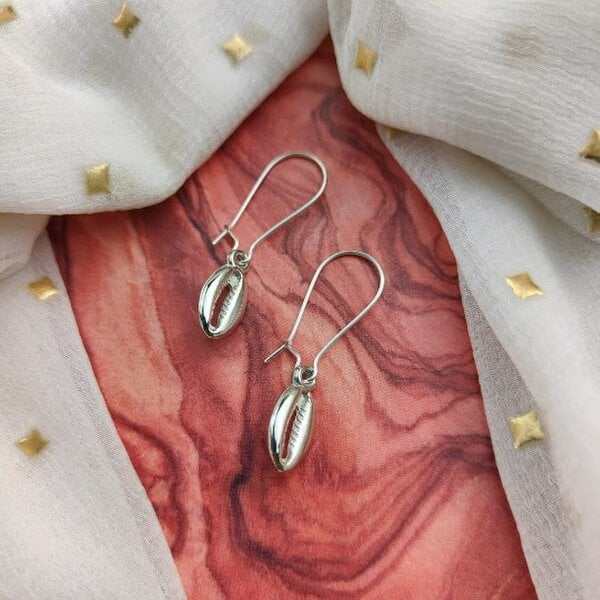 The Colourful Aura Long Silver Cowrie Sea Shell Charm Mermaid Beach Boho Dangle Dainty Earrings