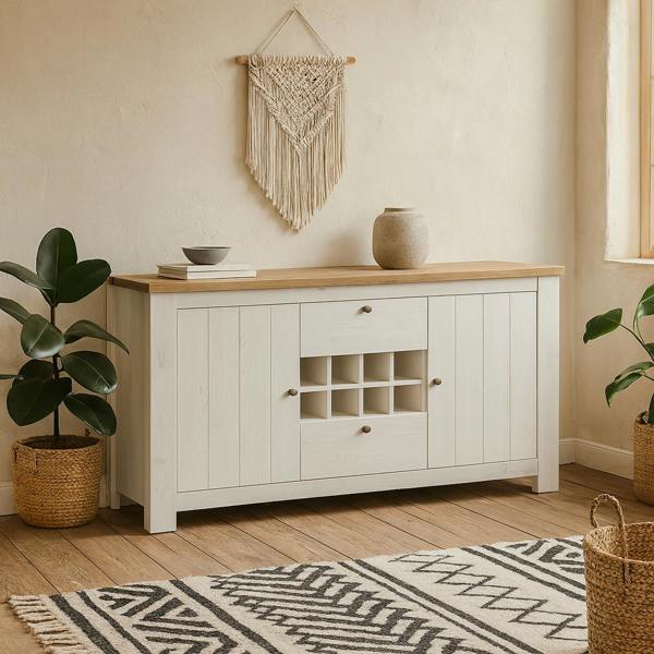 Wyld Haus Tipsyfern White and Natural Oak Wood 2 Door 2 Drawer Sideboard with Wine Rack
