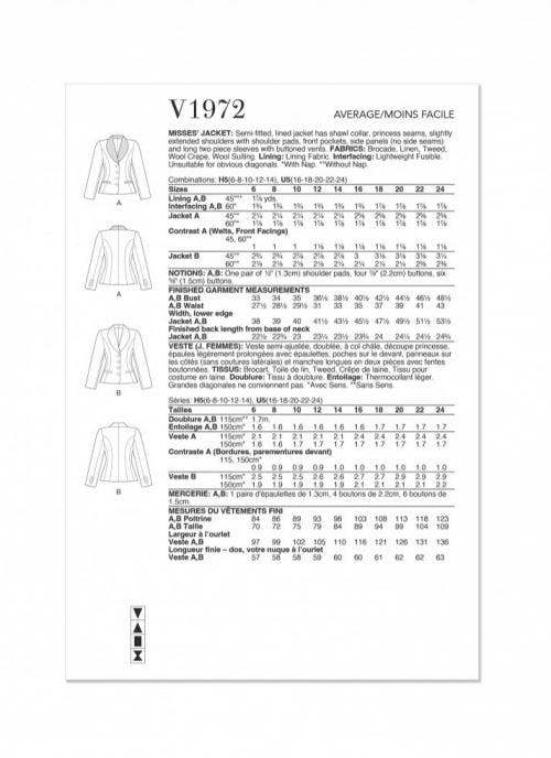 Vogue Sewing Pattern 1972, Jackets for Women, H5 (6-8-10-12-14) - Intermediate