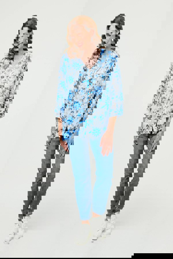 Blue | Floral Button Front Curve Hem Tunic
