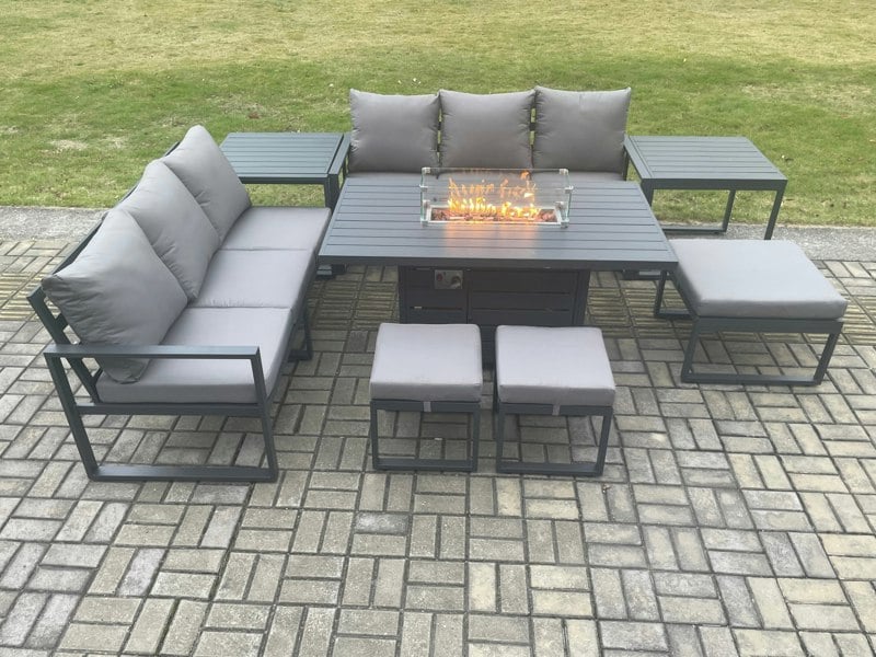 Fimous Aluminium Outdoor Lounge Sofa Garden Furniture Sets Gas Fire Pit Dining Table Set with 3 Footstools 2 Side Tables Dark Grey