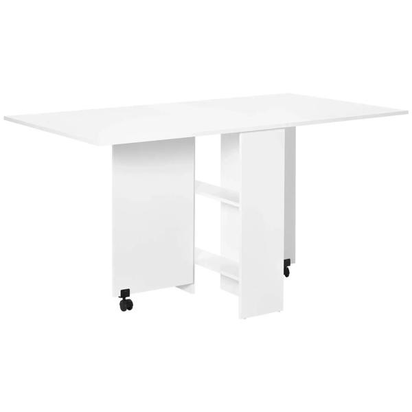 White folding drop-leaf dining table with two-tier shelves and rolling casters
