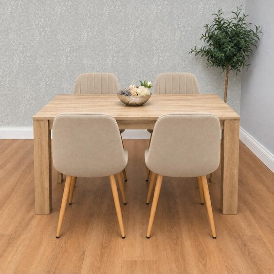 Kosy Koala Rectangular Dining Table Set with 4 Beige Velvet Chairs,Light Wood-Effect, 117cm