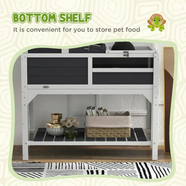 Gray tortoise enclosure with open bottom shelf for storing pet supplies