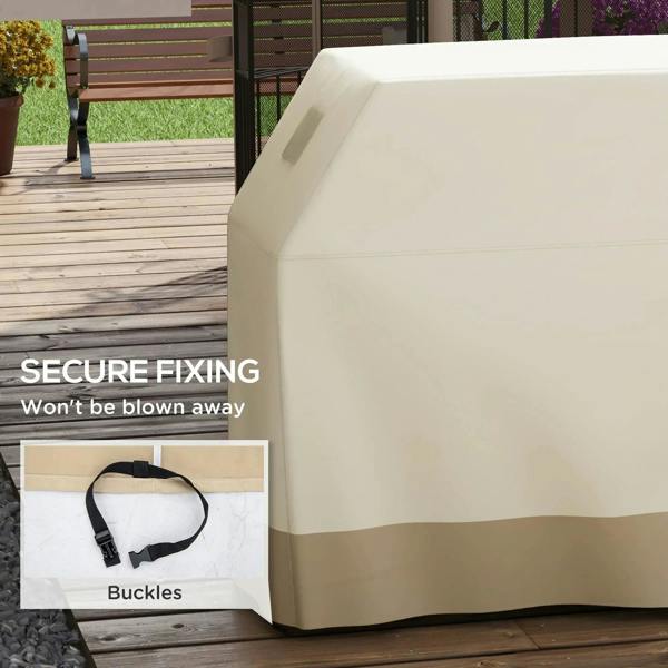 Beige grill cover with black buckle straps for secure fixing