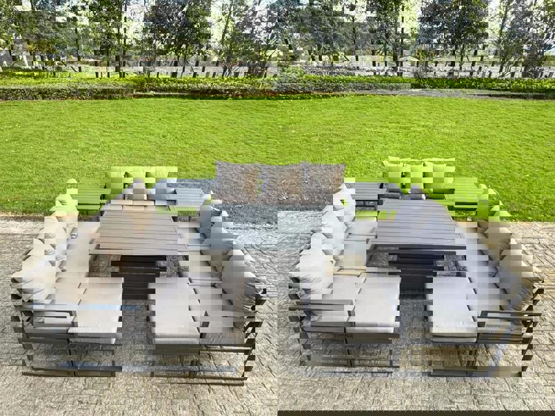 Fimous 11 Seater Aluminum Outdoor Garden Furniture Set with Adjustable Rising Dining Table, 3 Sofas, 2 Footstools, 2 Side Tables - Grey