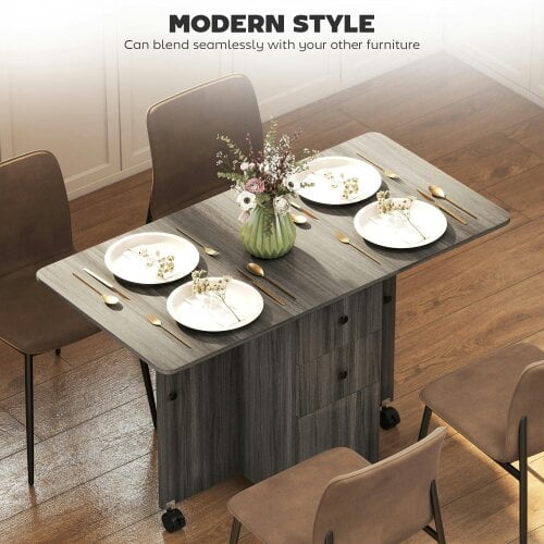 Wyld Haus Todiralo Wooden Grey Drop Leaf Dining Table With Built In Storage For 6