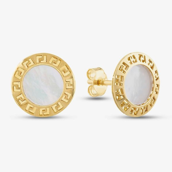 T. H. Baker 9ct Yellow Gold Mother of Pearl Grecian Key Disc Stud Earrings 1.59.0849