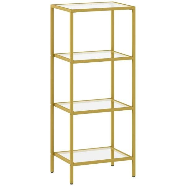 4-tier glass shelving unit with gold-tone metal frame and open sides