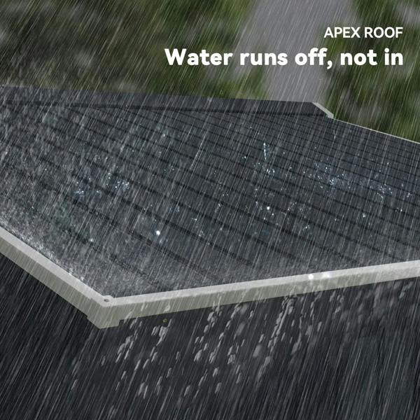 Apex roof design shedding water on a dark grey metal shed