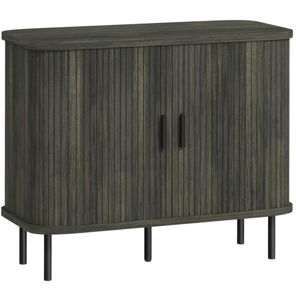 Grey sideboard cabinet with slatted tambour sliding doors and steel legs