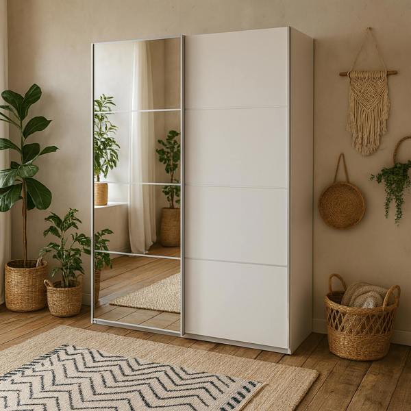 Wyld Haus Bordeaux Wide White and Mirror Double Sliding Door Wardrobe 5 Shelves 180cm