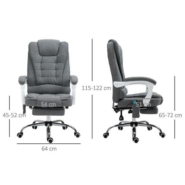 Grey office chair with high back and adjustable footrest, shown in upright and reclined views
