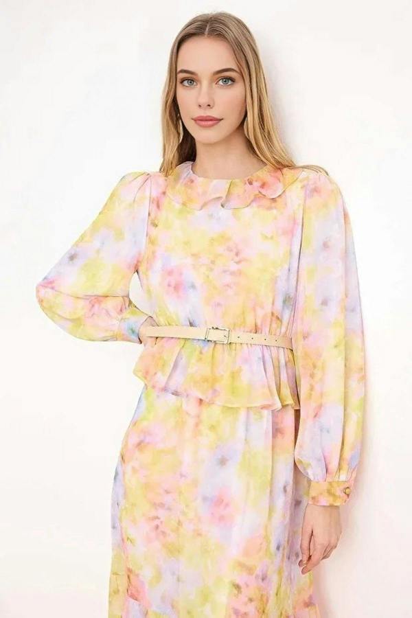 WOVCOR Silk Chiffon Floral Woven Dress with Belt Detail